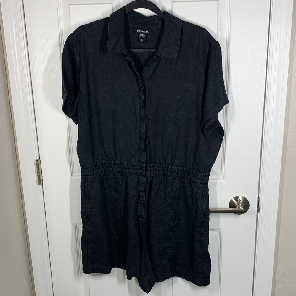 Athleta black linen button front romper with collar and pockets size large